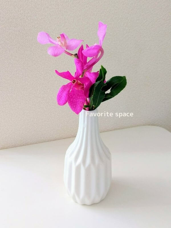 ダイソーの白いブルーミングヴィル風の花瓶にピンクの花を飾った画像
